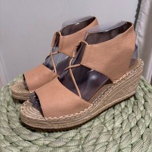 Eileen Fisher Whim Nude Leather Espadrille Wedge Slip On Sandals NWOB